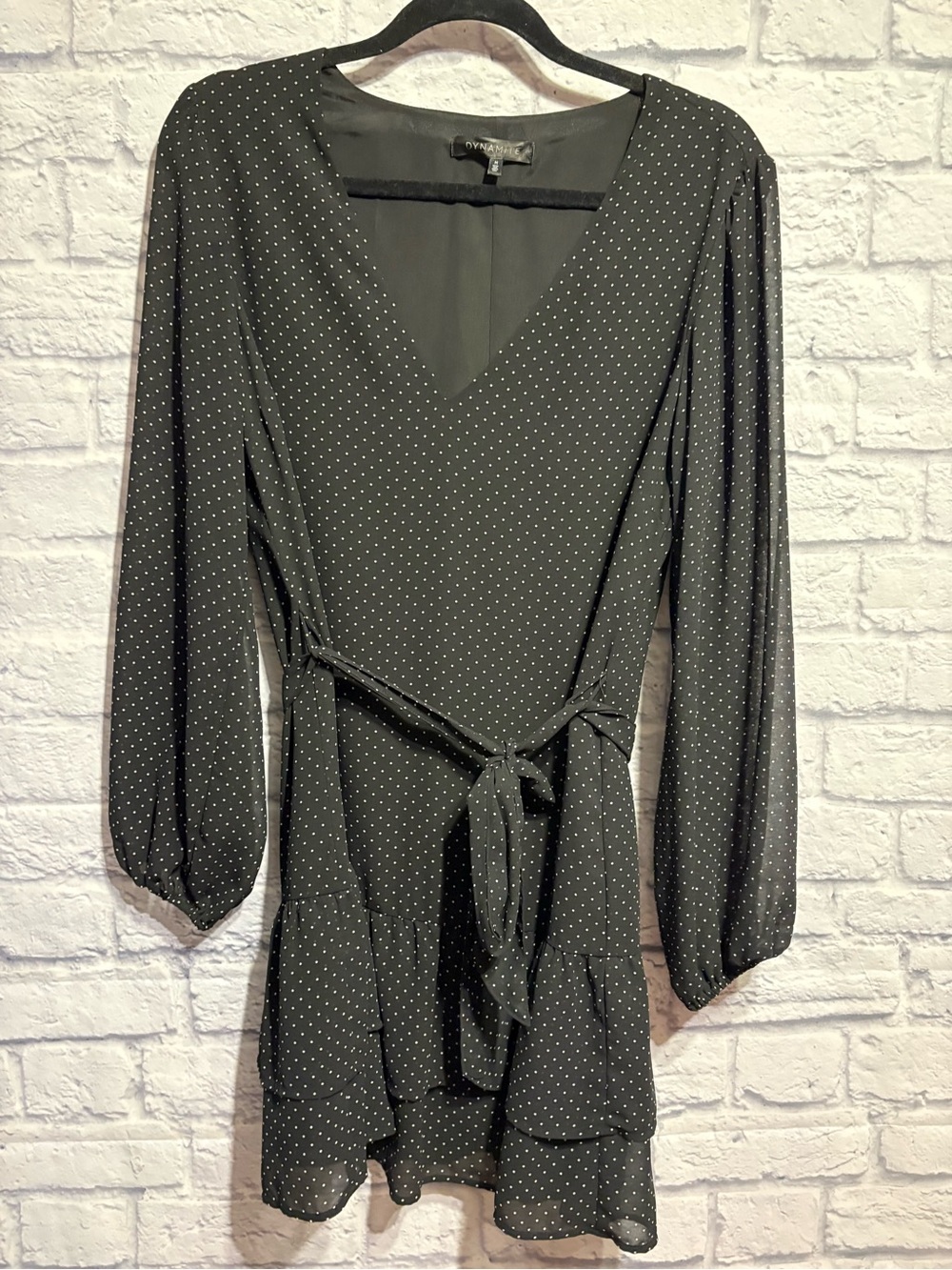 Dynamite Black with White Micro Dot Long-Sleeve Tie Dress Medium